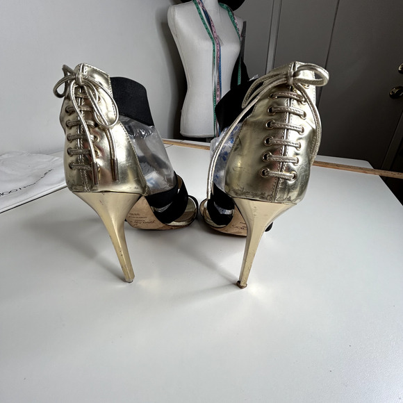 Jimmy Choo Gold Leather and Black Strap Stiletto Heel Peep Toe Sandals 39.5 - Picture 5 of 16